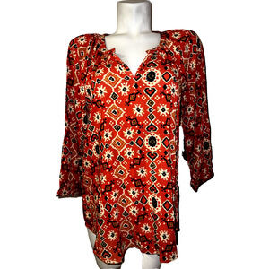 ATLAST CLASSIC Top Women's Sz M Red Aztec Print V-neck 3/4 Sleeves Blouse Tunic